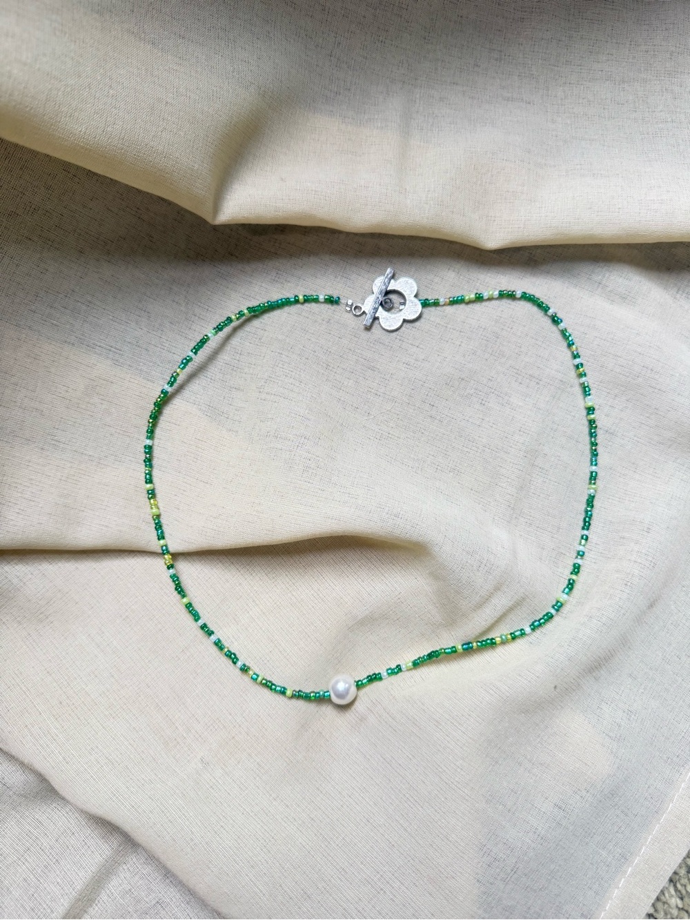 Green Seed Bead Necklace with Pearl Accent Summer Necklace